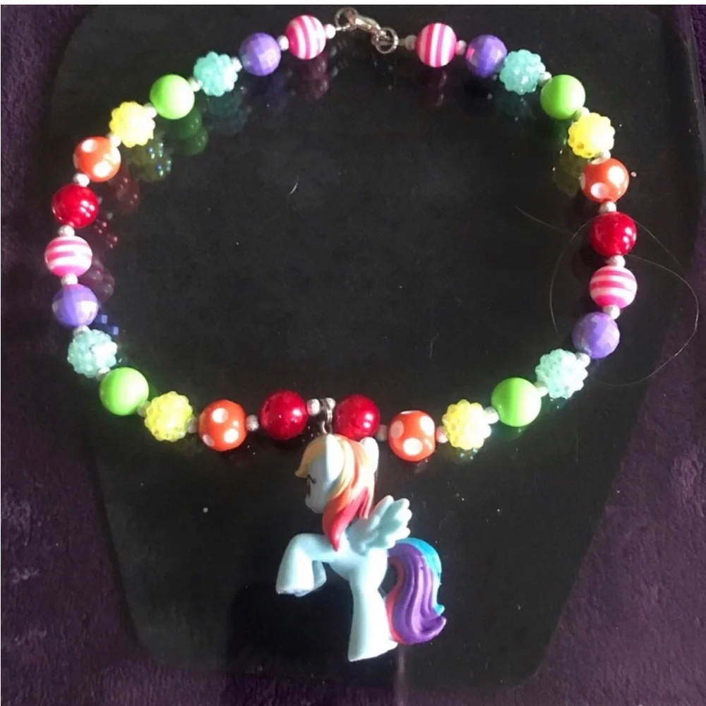 Multicolor Pony Charm Beaded Necklace - Girls' Rainbow Horse Jewelry